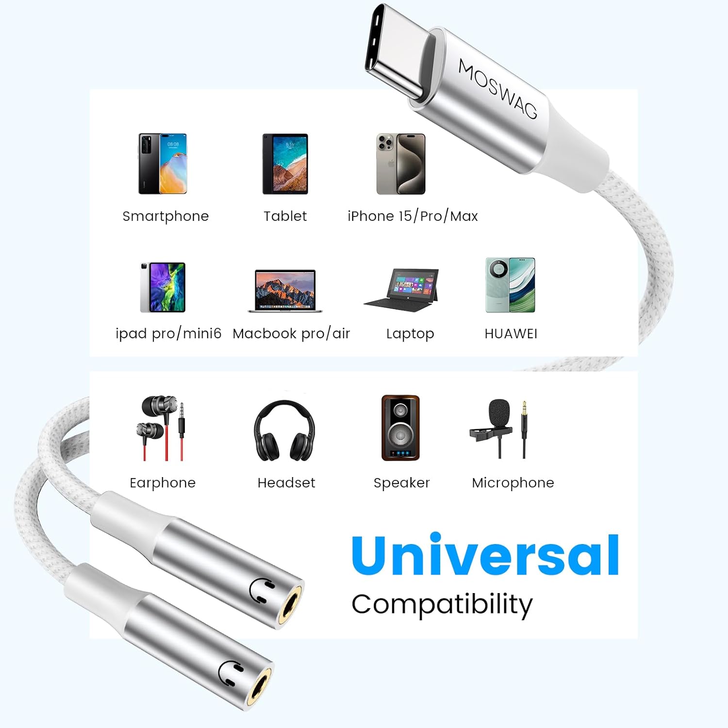 MOSWAG Type C to Dual 3.5mm Aux Headphone Jack Adapter, Type C to Dual 3.5mm Aux Headphone Jack Adapter Compatible with Pixel 7 6 Pro 5, for Galaxy S23 S22 S21 Ultra Note 20 Ultra iPad Air MacBook