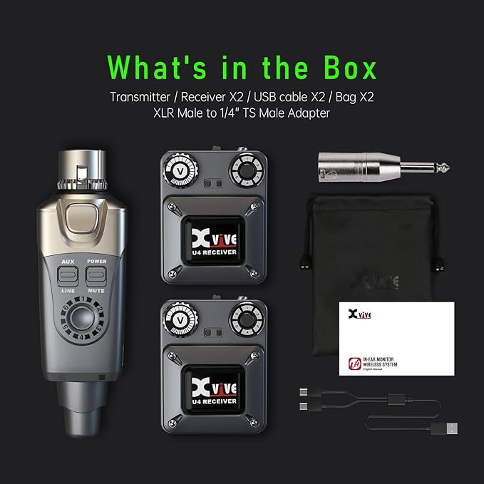 Xvive U4R2 Wireless in-Ear Monitor System Professional IEM System 1 Transmitter and 2 Beltpack Receiver for Studio, Band Rehearsal, Live Performance (U4R2)