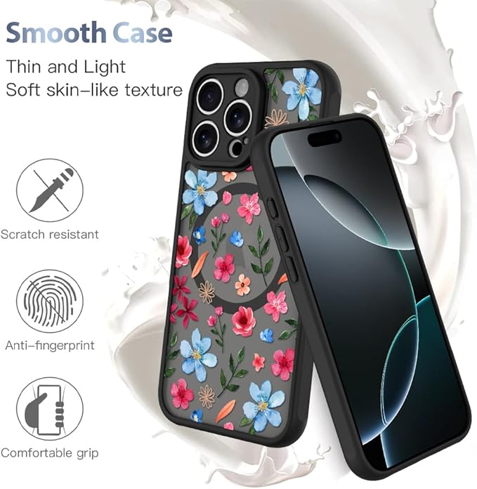AIGOMARA Magnetic Case for iPhone 16 Pro [Compatible with MagSafe] Cute Pink Blue Flower Floral Pattern Soft TPU Bumper Hard PC Back Anti-Fall Shockproof Protective Slim Cover for Women Girls
