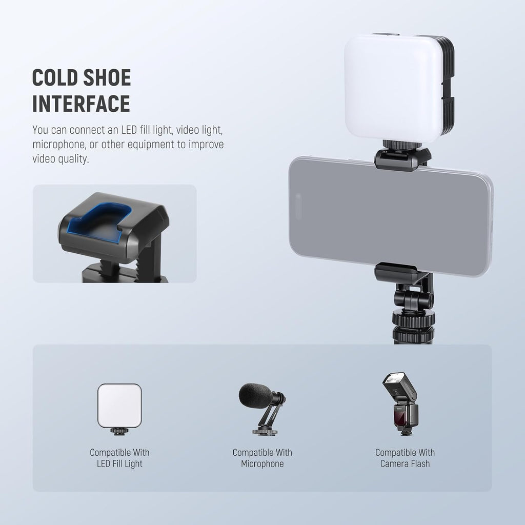 Neewer Basic Phone Tripod Mount Holder with 1/4" Thread & Cold Shoe, 2.36"-3.54"/6-9cm 360° Rotatable Camera Mount Cellphone Clamp for iPhone 15 14 13 12 11 Pro Max X XR Samsung S24 Ultra, SP-10