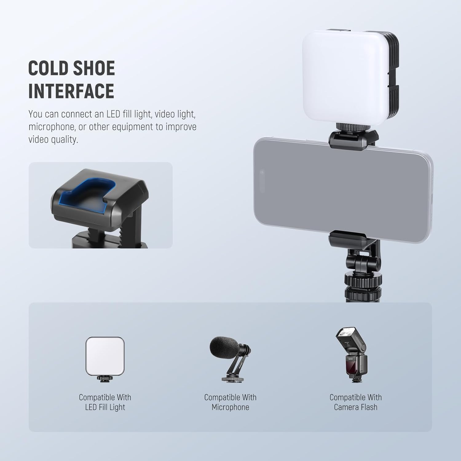 Neewer Basic Phone Tripod Mount Holder with 1/4" Thread & Cold Shoe, 2.36"-3.54"/6-9cm 360° Rotatable Camera Mount Cellphone Clamp for iPhone 15 14 13 12 11 Pro Max X XR Samsung S24 Ultra, SP-10