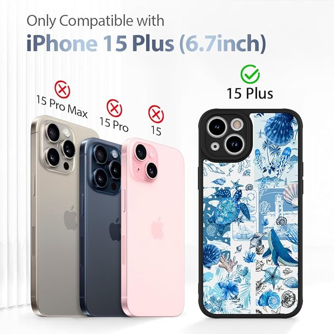 AIGOMARA Case for iPhone 15 Plus [Compatible with MagSafe] Blue Turtle Shell Ocean Collage Pattern Design for Women Girls Men Soft TPU Bumper Hack PC Back Shockproof Protective Slim Magnetic Cover