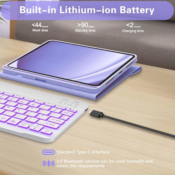 Keyboard Case for Samsung Galaxy Tab A9 Plus 5G 11 inch 2023 (SM-X210/X216/X218), 7 Color Backlit Detachable Keyboard Bluetooth, Smart Folio Cover with S Pen Holder for Galaxy Tab A9+ 11"(Purple)