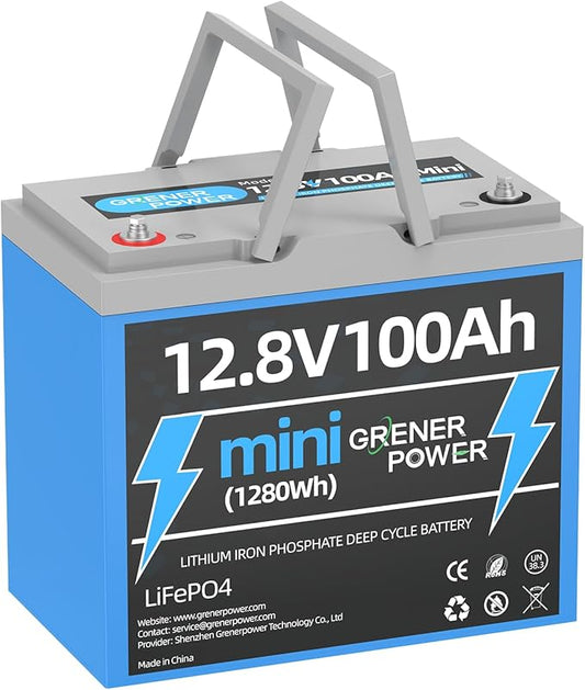 12V100Ah Mini LiFePO4 Battery, 100A BMS 12.8V Lithium Battery, 100AH Lifepo4 Battery Up to 15000 Deep Cycle Battery, Max.1280Wh Energy for Solar panel, RV, Trolling Motor, Marine, Off-Grid