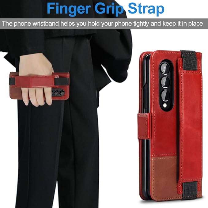 KEZiHOME for Galaxy Z Fold 4 Case, Genuine Leather Wallet Case [RFID Blocking] with Card Holder Kickstand Book Flip Folio Case Compatible with Samsung Galaxy Z Fold 4 (Red/Brown)