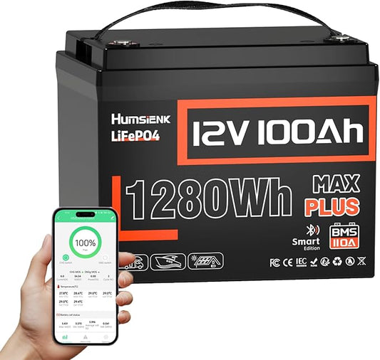 12V 100Ah LiFePO4 Lithium Battery MAX PLUS, Built-in 110A BMS & Bluetooth 5.0 APP, 15000+ Deep Cycles Lithium Batteries, Max. 1280Wh, 10-Year Lifespan for RV, Marine, Trolling Motors