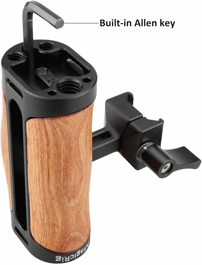 Wooden NATO Side Handle Mini Grip & NATO Rail 50mm for DSLR/Volg Camera Cage, Built-in Cold Shoe Mount, 1/4" & 3/8" ARRI Thread Hole, Up and Down Adjustable, for Left or Right Handle