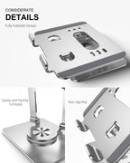 Tablet Stand Holder with Thickened 360°Rotating Base Dual Rod Adjustable Aluminum Stand for All 5.8-12.9” iPad Samsung Phone Tablet Kindle E-Reader and More, Silver