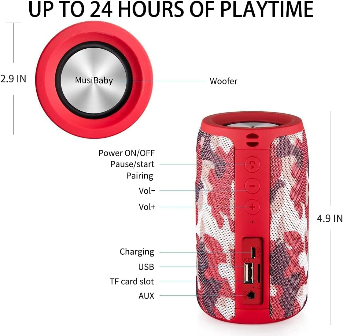 MusiBaby Bluetooth Speaker Wireless Portable, IPX5 Waterproof Bluetooth Speakers with Dual Pairing, 24H Playtime, Rich Stereo Bass for Home, Travel, Party, Outdoor | Electronic Gifts (Camo Red)