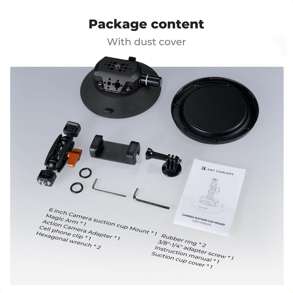 K&F Concept 6" Suction Cup Camera Mount with Magic Arm, ARRI Style 1/4" 3/8" Threads, Quick Release Car Mount for DSLRs Action Camera Phone Video Shooting Compatible with Hero 13 12 DJI Insta360