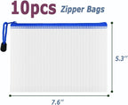 AUSTARK 10 Pcs Zipper File Bags, Waterproof Plastic Mesh Pouch for Office School, Board Game Storage Bags (B6 Size 7.6''x5.3'', White and Blue)