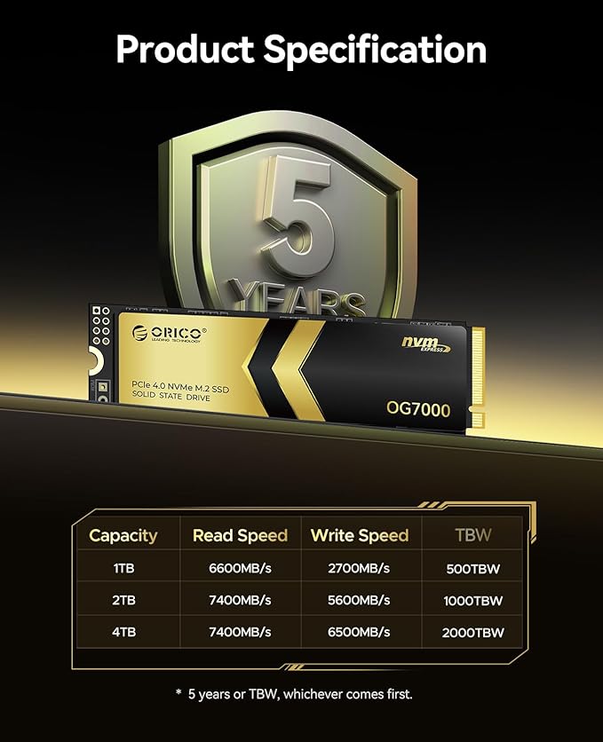 ORICO OG7000 4TB PCIe Gen4 NVMe SSD, Up to 7400MB/s, 8-Channel Controller, Graphene Thermal Solution, Ideal for 4K Video Editing, 3D Rendering, Content Creation, Compatible with PS5 and PC