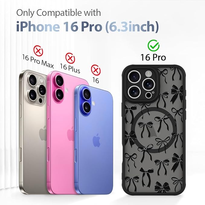 AIGOMARA Case for iPhone 16 Pro [Compatible with MagSafe] Black Ribbon Bow Pattern Design Soft TPU Bumper Hard PC Back Anti-Fall Shockproof Protective Slim Magnetic Cover for Women Girls