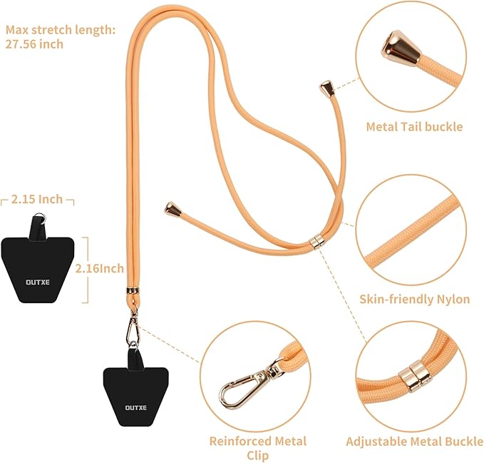 OUTXE Universal Phone Lanyard 2 Packs - 2× Adjustable Neck Strap, 4× Phone Patches- Apricot Elegance