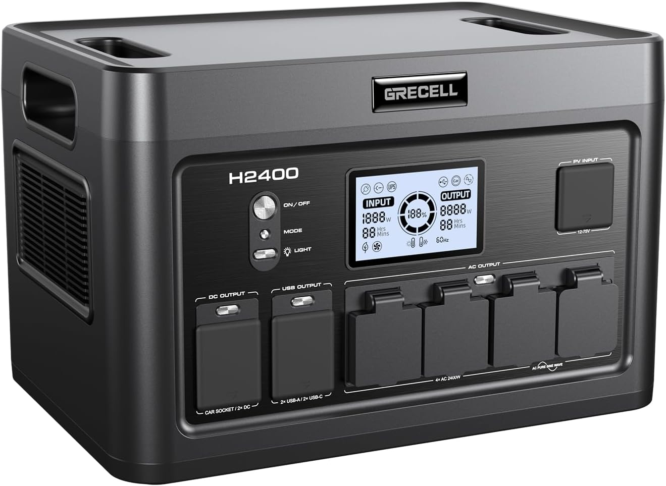 GRECELL Solar Generator 2400W Portable Power Station, 1843Wh UPS Backup LiFePO4 Battery Supply with 11 Outlets(4 2000W AC Outlets,2 PD100W), 2Hrs Quick Charge for Home Emergency RV Trip Van (H2400)