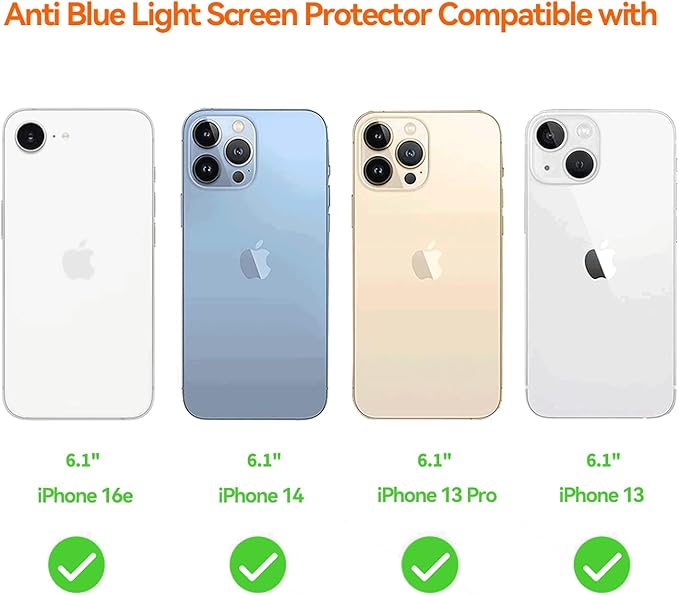 Anti Blue Light Screen Protector for iPhone 16e iPhone 14 iPhone 13 iPhone13pro [3 Pack] 6.1" 9H+ Anti Blue Light Tempered Glass, Anti-Scratch, Case Friendly