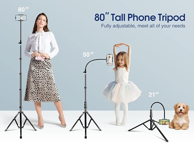 Elitehood 6.7 Feet Tall Phone Tripod, Heavy Duty Metal iPhone Tripod Stand with Remote, 17" Gooseneck Overhead Tripod for iPhone 15 14 13 Pro Max / 13 Pro / 13 12 11, Android Cell Phone Black