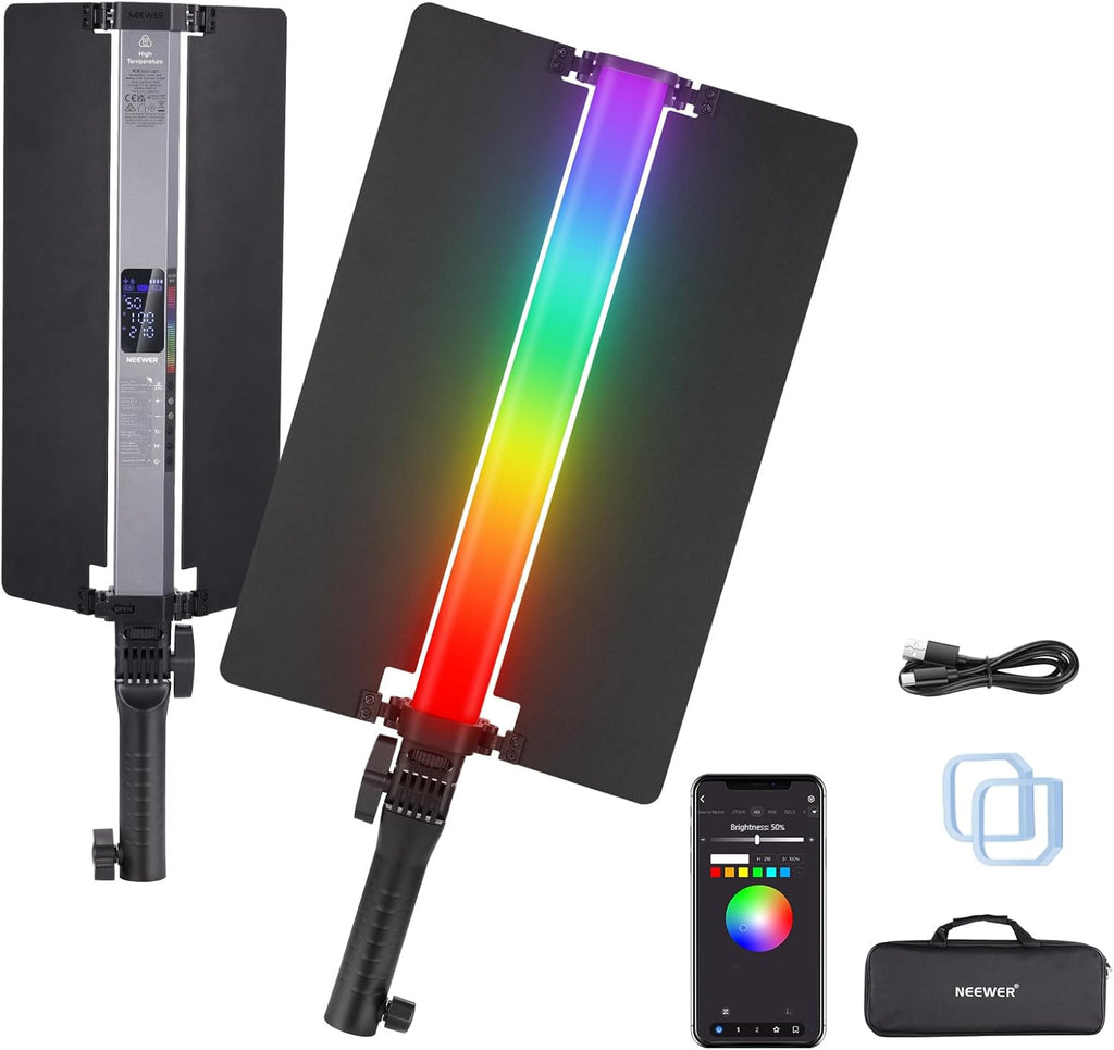 NEEWER RGB2 LED Tube Light Stick with Metal Barndoor, Handle, Touch Bar/APP/2.4G Control, Rechargeable Magnetic Handheld RGB Video Light, 2500K-10000K CRI98+ Dimmable Photography Lighting, 18 Scenes