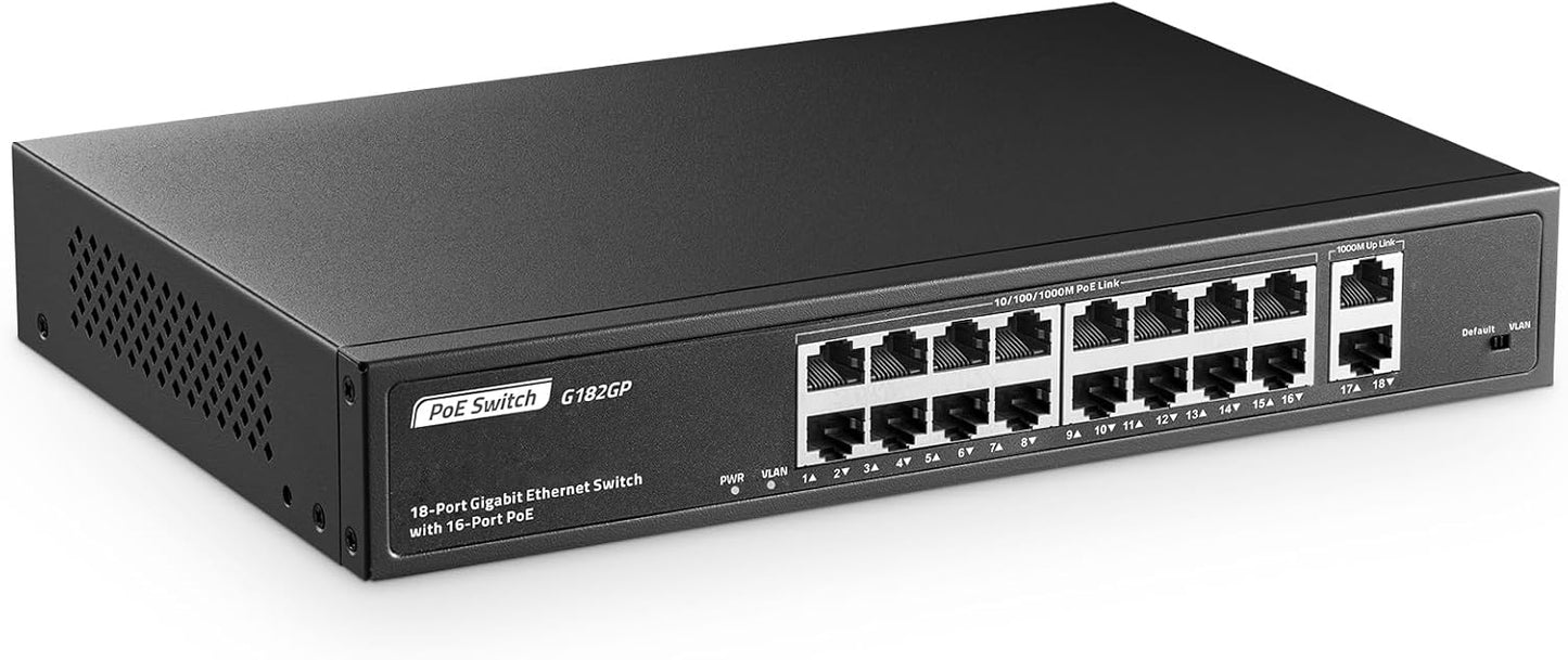 18 Port Gigabit PoE Switch, 16 Ggiabit PoE+, 2 GE Uplink, IEEE802.3af/at Max 250W, YuLinca Unmanaged Plug&Play Desktop Rackmount Ethernet Switch