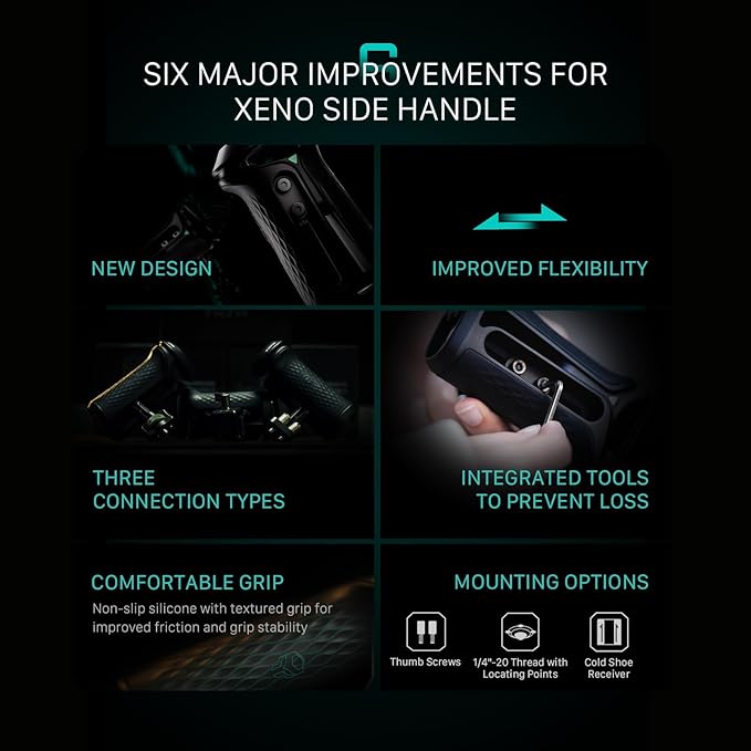 Tilta Xeno Side Handle for Filmmakers & Cameras - Black | Secure Connection & Helps Prevent Rotation | Adjustable Height | Textured Silicone Grip | Convenient Assembly (1/4"-20 w/Locating Pins)