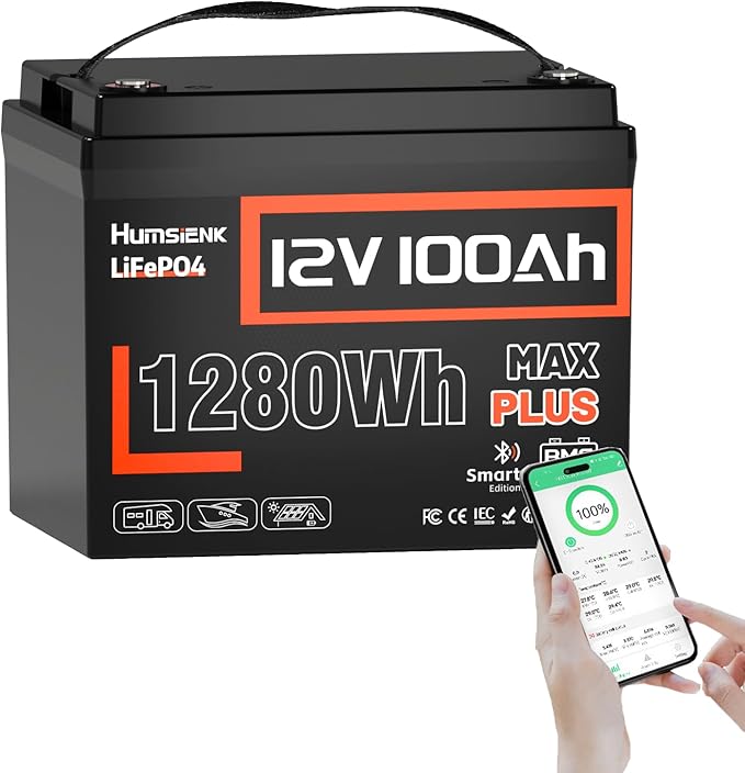 12V 100Ah LiFePO4 Lithium Battery Plus Bluetooth 5.0, Built-in 110A BMS, 15000+ Deep Cycles 1280Wh Lithium Batterys IP67, for RV, Marine, Golf Cart, Trolling Motor, 10-Year Lifespan