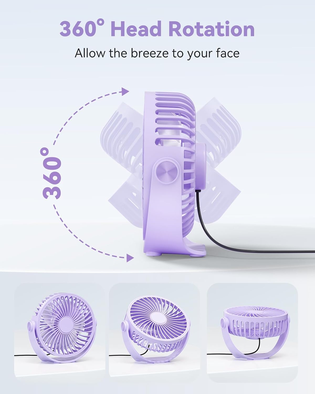 USB Desk Fan, 5 Inch Mini Portable, 3 Speeds Strong Airflow Personal Desktop, Detachable Cooling Fan 360° Rotation Quiet Small Fan for Desk Home Office Travel Car, Purple, 5ft Cable