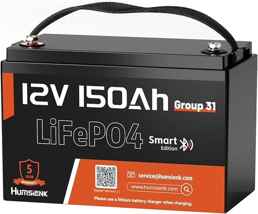 12V 150Ah LiFePO4 Lithium Battery BCI Group31 Bluetooth- Built-in 110A BMS, Deep Cycle Battery for Solar, RV, Marine, Off-Grid Applications - 15000+ Life Cycles, Safe & Lightweight