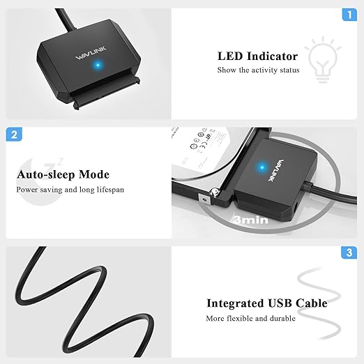 WAVLINK SATA to USB Type-A Hard Drive Cable, 5Gbps USB3.0, Supports UASP, External Hard Drive SATA I/II/III Connector, 2.5" SSD/HDD and 3.5" HDD up to 20TB, Power Adapter Included