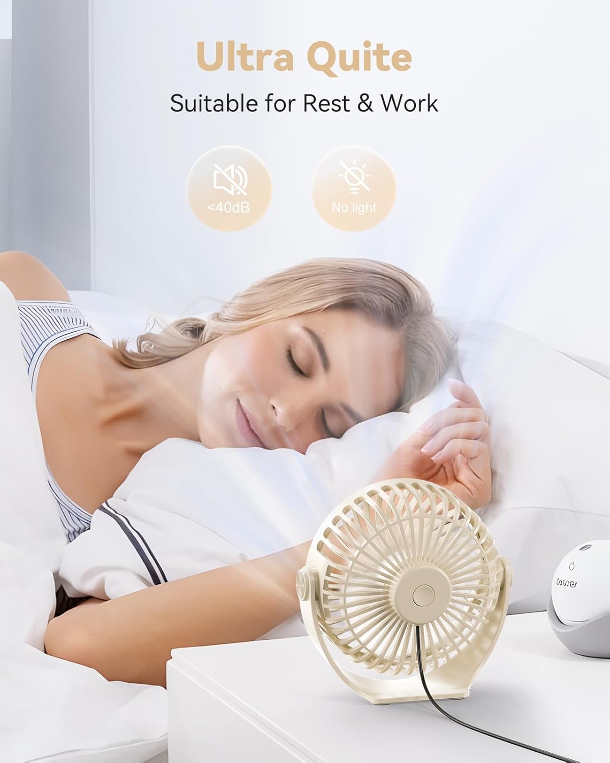 USB Desk Fan, 5 Inch Mini Portable, 3 Speeds Strong Airflow Personal Desktop, Detachable Cooling Fan 360° Rotation Quiet Small Fan for Desk Home Office Travel Car, Beige, 5ft Cable