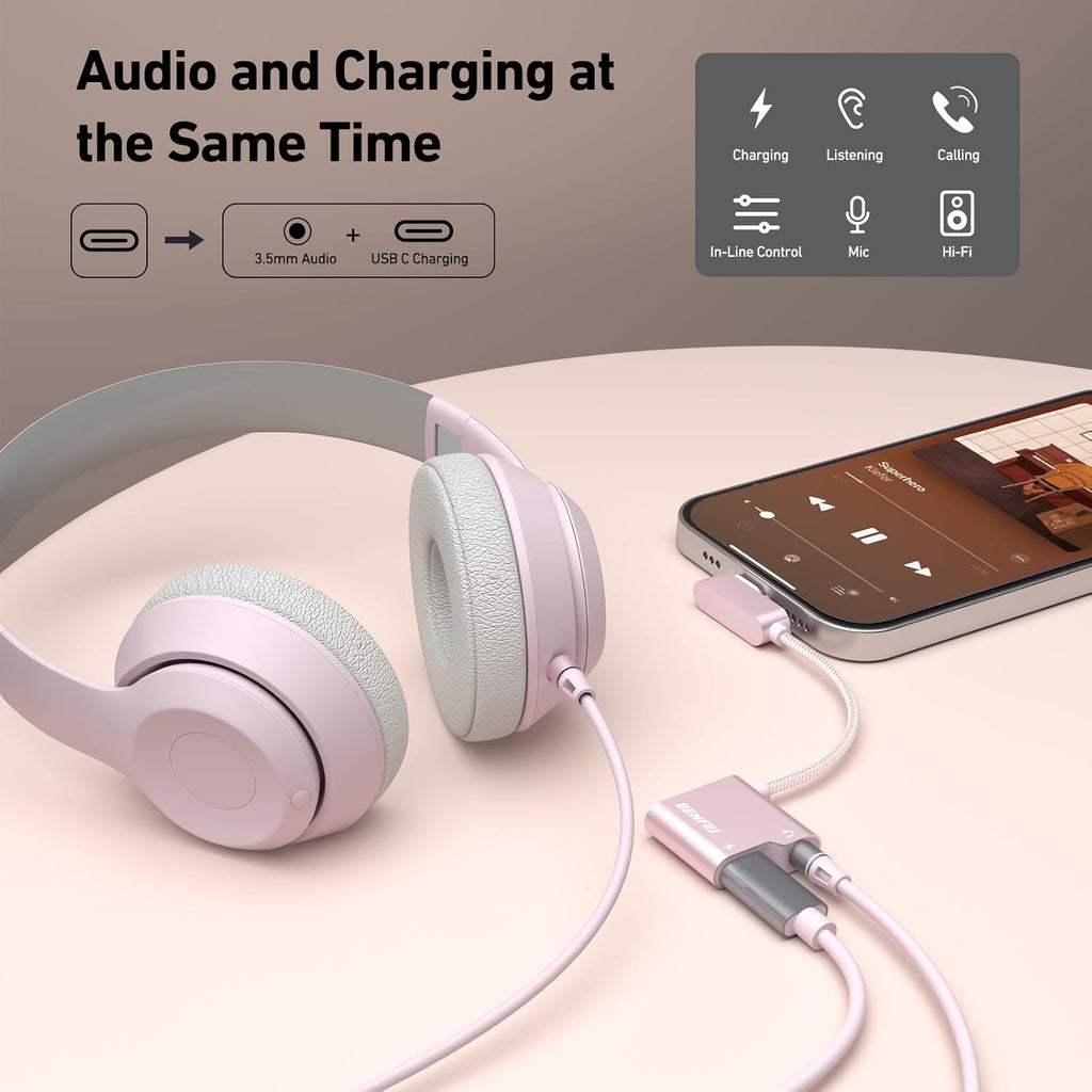 BENFEI USB C to Audio Jack Adapter with 60W Fast Charging, USB-C to 3.5mm Female Headphone Compatible with iPhone 16/15 Pro Max/Pro, Samsung Galaxy S24/S23/S22/S21 Ultra, iPad Pro, Pixel 8 Pink