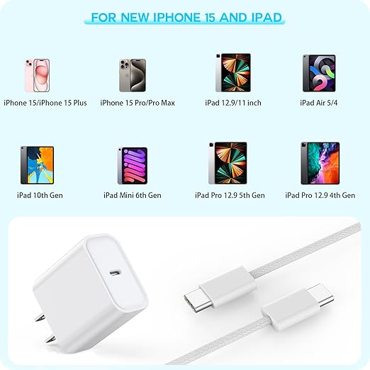 10FT Apple iPhone 16 15 Charger, 2-Pack Extra Long 10Foot USB C to Type C Charger Woven Cable Cord 20W USB C Charger Block Cube Super Quick Charging for iPhone 16 15 Pro/Plus/Pro Max,iPad Pro/Air/Mini