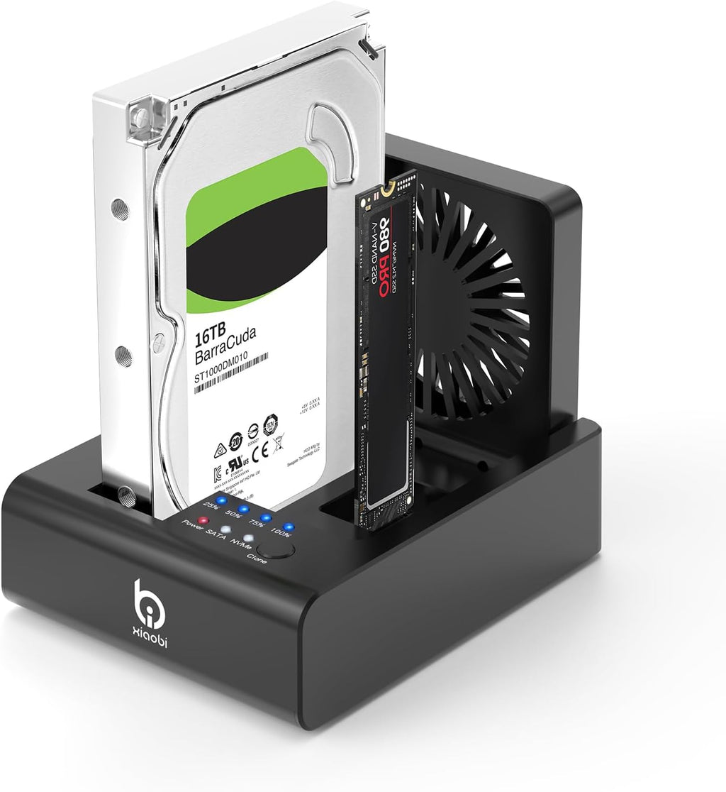 M.2 NVMe & SATA HDD Docking Station,10Gbps USB3.2 Gen2 SSD Cloner for M.2 NVMe SSD + SATA 2.5”/3.5” HDD Converter, Offline Cloning, Tool-Free, Cooling Fan