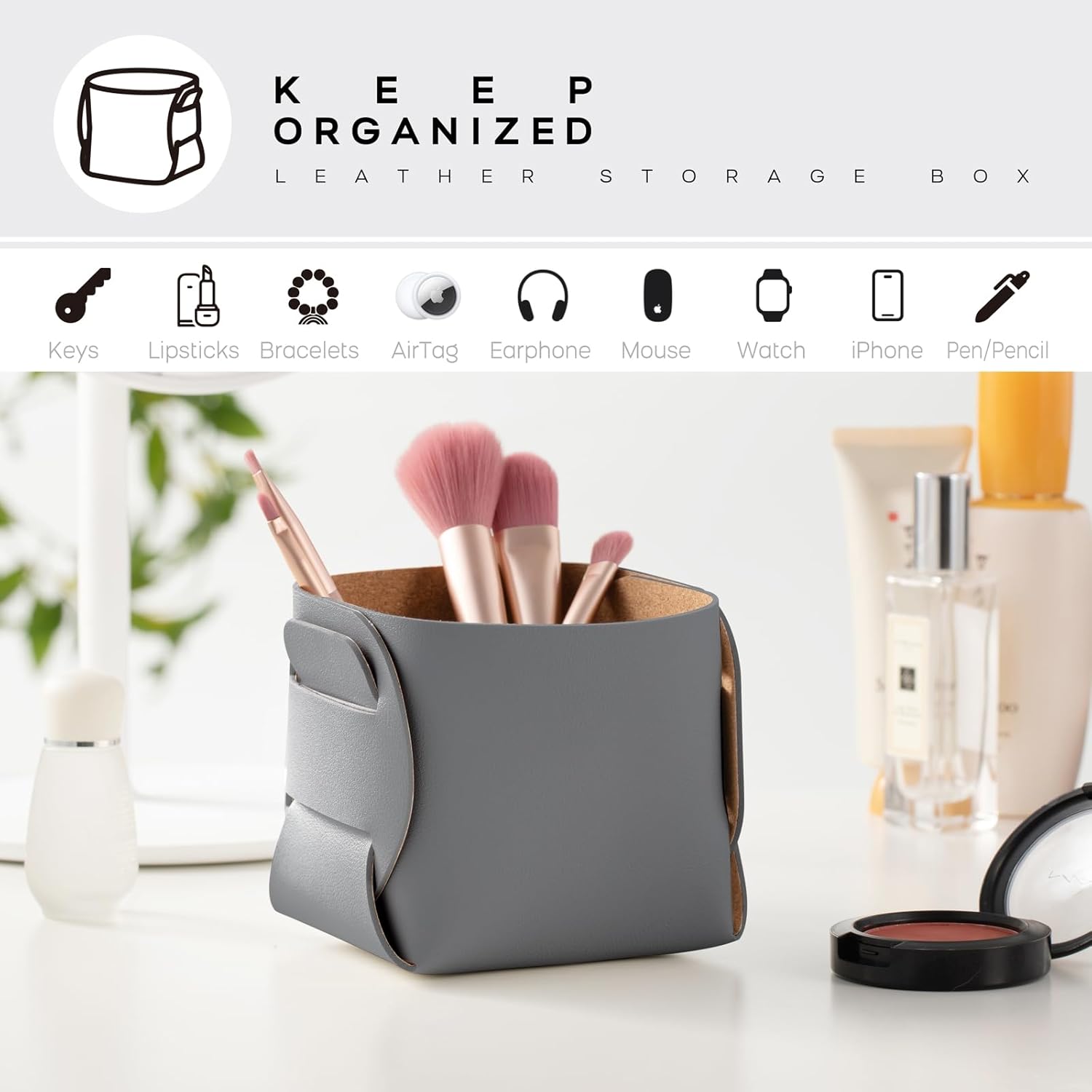 HOMIEAZICOZI 2-Pack Cork Leather Desk Accessories Storage - Pencil Pen Holder - Makeup Brush Holder Organizer - Stylish Addition to Home Decor (Gray)