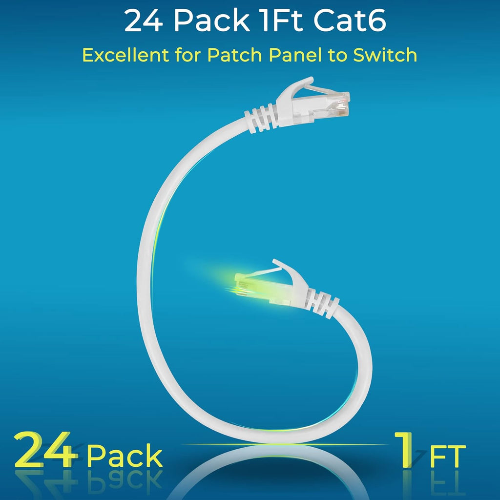 Rapink Patch Cables Cat6 1ft (24 Pack), Ethernet Patch Cable 10G Support, Cat 6 Patch Cable for Patch Panel to Switch, Flexiable Cat 6 Ethernet Cable with Gold Plated White