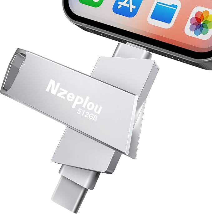 512GB Flash Drive for iPhone iPad, USB3.0 High-Speed Memory Stick No App Needed, Lightening & USB-C External Memory Storage for Photos Videos, Picture Backup Thumb Drive Plug & Play (Silver)