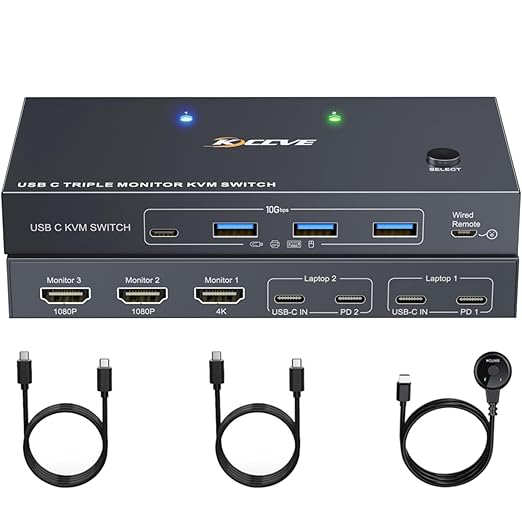USB C KVM Switch 3 Monitors 2 Laptops 4K 1080P@60Hz,USB-C Docking Station Triple Monitor KVM Switches with 4 USB 3.2 Ports,10Gbps 80W PD Charging,For Windows and Mac OS,Driver Installation is Required