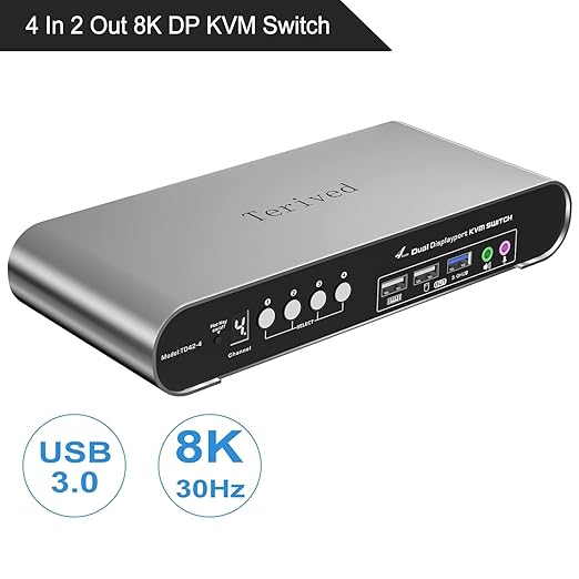 4 Computers 2 DP Monitors Automatic KVM Switch, 8K@30Hz 4K@144Hz 4 Port DP USB 3.0 Dual Monitor, Aluminum hotkey Audio Microphone, Digital Display, HDR10 with Cables