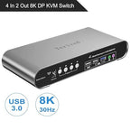 4 Computers 2 DP Monitors Automatic KVM Switch, 8K@30Hz 4K@144Hz 4 Port DP USB 3.0 Dual Monitor, Aluminum hotkey Audio Microphone, Digital Display, HDR10 with Cables