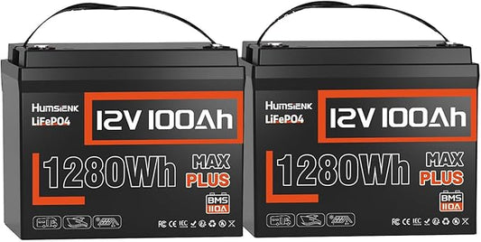 12V 100Ah LiFePO4 Battery MAX PLUS 2 Pack - 110A BMS with Low Temp Cutoff | 15000+ Deep Cycles for RV Solar Marine Trolling Motor | Off-Grid Backup Power Rechargeable Lithium Iron Phosphate Battery