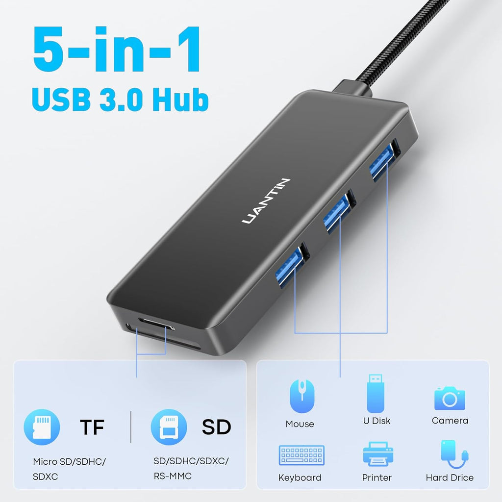 USB Hub for Laptop | 3-Port USBA 3.0 Splitter with SD/TF Card Reader (Charging Not Supported), 2FT Braided Nylon Cable, Multi-Port USB Dock Extender for PC, MacBook, Mac mini, Surface, Desktop