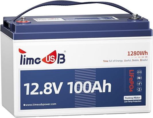 12.8V 100Ah TM LiFePO4 Battery with Low-temp Protection, Timeusb Group 31 Lithium Battery, Up to 15000 Deep Cycles Battery for Trolling Motor, RV, Solar, Travel Trailer, Energy Storage- Off Grid