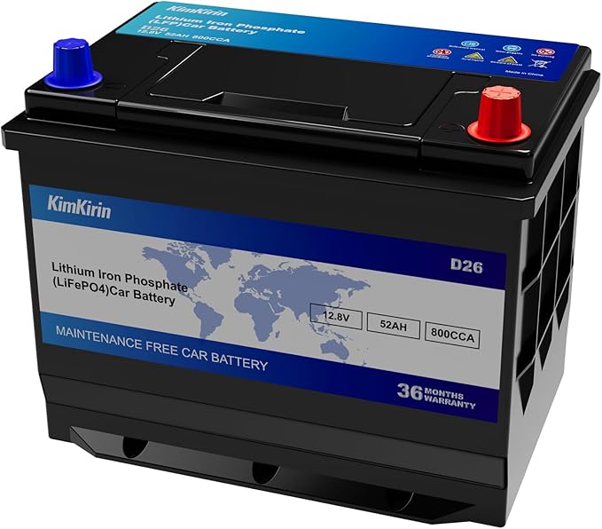 XINGCELL Kim Kirin12.8V 52Ah LiFePO4 Car Battery Group 24/D26 – Lithium Iron Phosphate Deep Cycle Battery with 800CCA High Cranking Power for Start-Stop Cars RV Marine Solar