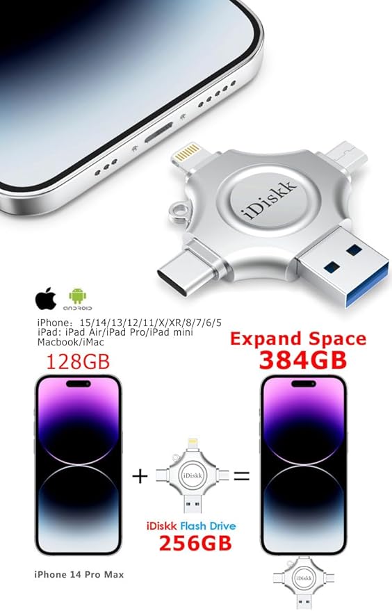 256GB App-le Certified iPhone 15 16 iDiskk FLASHDRIVE 256GB USB C Thumb Drive Photo Stick for iPhone iPad Android Samsung Flash Drive for iPhone Photos 16 15/14/13/12/12 pro/12 mini Storage