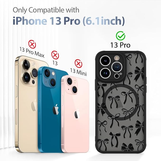 AIGOMARA Case for iPhone 13 Pro [Compatible with MagSafe] Black Ribbon Bow Pattern Design Soft TPU Bumper Hard PC Back Anti-Fall Shockproof Protective Slim Magnetic Cover for Women Girls