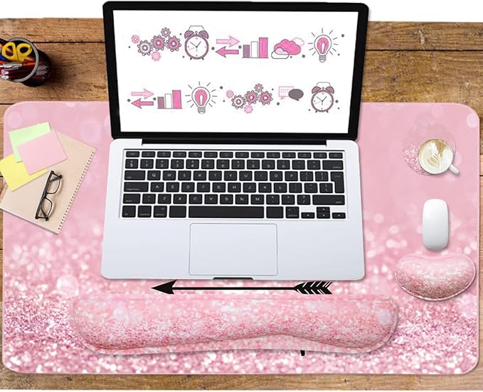 Keyboard Mouse Pad Set, Extended Mouse Pad+Keyboard Wrist Rest Support, Memory Foam Ergonomic Easy Typing, 3Pcs (35.4×15.7 in) Desk Pad Set for Home Office Study Game - Pink Stay Positive