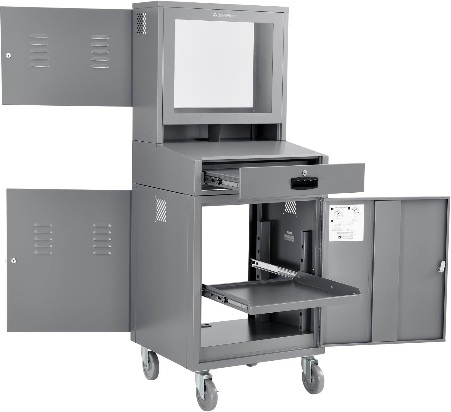 Global Industrial Mobile Security LCD Computer Cabinet Enclosure for 24" Diagonal Monitors, Steel Construction, Gray Powder Coat Finish, 24-1/2"W x 22-1/2"D x 62-3/4"H
