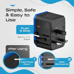 Ceptics 70W World International Travel Plug Adapter - Powerful GaN Tech with Pd & QC 3.0 Dual 3X USB-C Power - 2 USB Ports Wall Charger Type I C G A Outlets 110V 220V A/C - EU Euro US UK (70-KU)