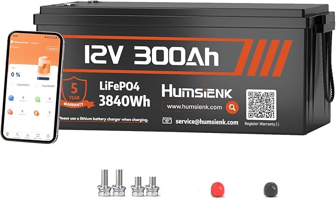 12V 300Ah LiFePO4 Lithium Battery with Bluetooth APP Monitoring, Max. 3840Wh, 15000+ Deep Cycles, 100A BMS, Low-Temp Cutoff – for RV, Solar, Marine, Off-Grid, Home Energy Storage
