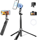 Magnetic Phone Tripod, 70" Selfie Stick Tripod for iPhone Magsafe with Rechargeable Remote & 2 in 1 Magnetic Holder, Portable Cellphone Stand for Recording Travel, Compatible with iPhone and Android