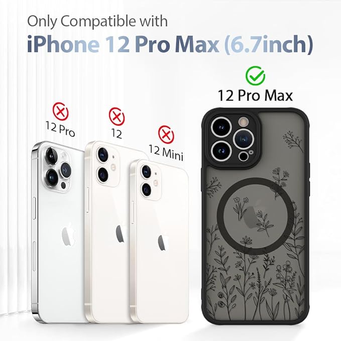 AIGOMARA Magnetic Case for iPhone 12 Pro Max [Compatible with MagSafe] Cute Black Flower Floral for Women Girls Soft TPU Bumper Hard PC Back Anti-Fall Shockproof Protective Slim Cover
